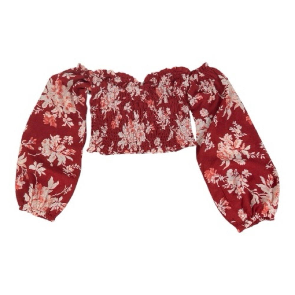 ABERCROMBIE & FITCH Sz XS Off Shoulder Smocked Puff Sleeve Crop Top Red Floral